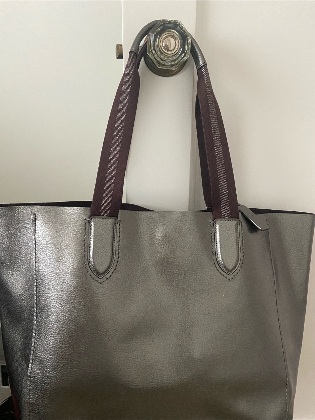 Coach Metallic Bronze Silver W/ Maroon Wide Straps. Structured Tote! Like New